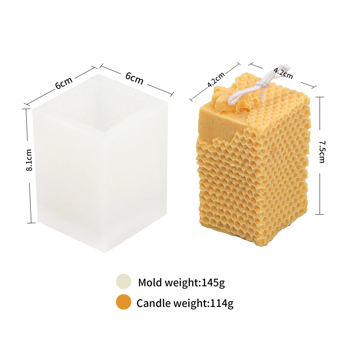 Square honeycomb pillar mold and yellow example candle diagram with separate mold and casting dimensions and weights
