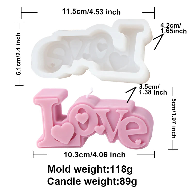 Pink Love lettering and raised hearts mold diagram with separate mold and casting measurements
