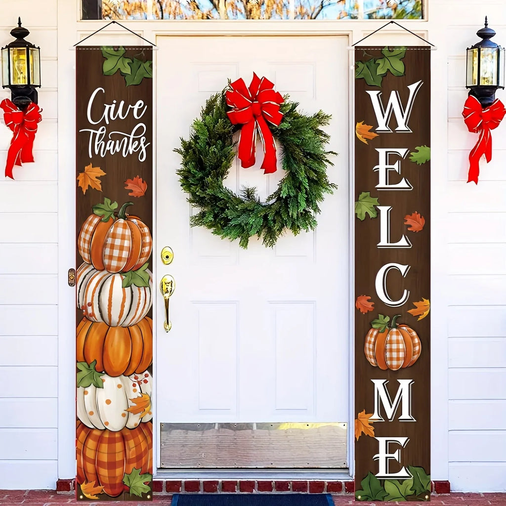Thanksgiving Thankful Porch Banner Fall Pumpkin Maple Leaf Front Door Hanging Welcome Flag Buffalo Plaid Farmhouse Home Autumn