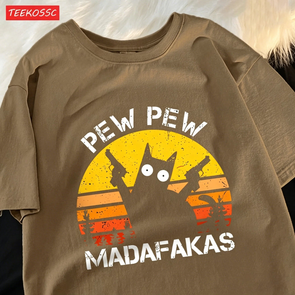 T-Shirt Unisex Pew Pew Madafakas Black Cat Retro Sunset Funny Graphic Tee