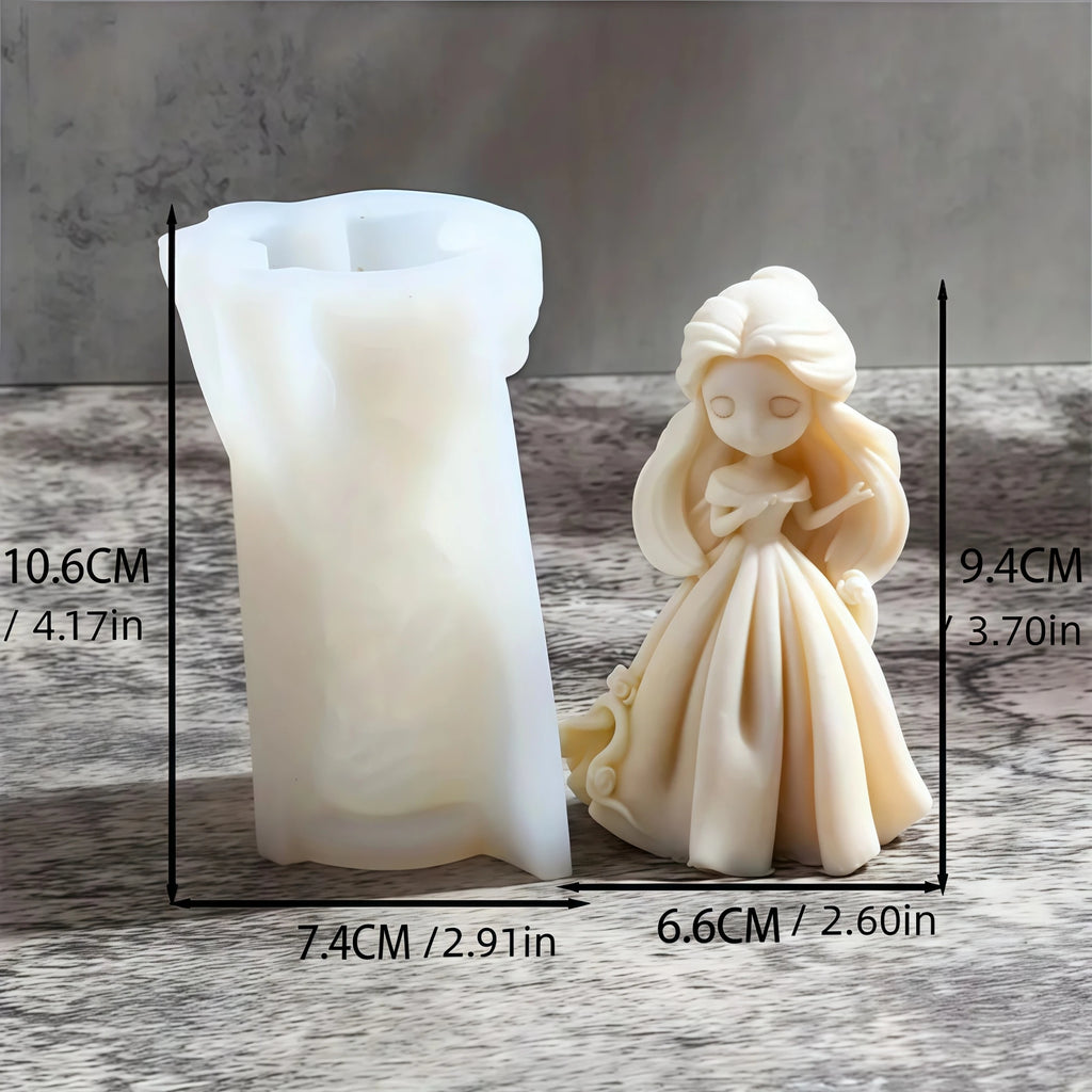 Ivory princess doll with gathered hair and raised hand beside white silicone mold with separate dimension labels