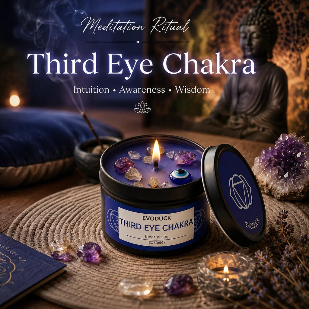 Sage Frankincense Third Eye Chakra Crystal Scented Candle 3oz With Crystal & Evil Eye Charm Meditation Yoga Decor Gift For Her