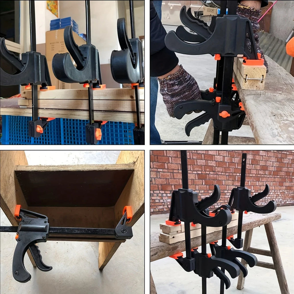 A four-panel collage showing black and orange wood clamps in use on wooden boards and in a workshop setting. One panel shows multiple clamps holding wood pieces together, another shows a gloved hand adjusting a clamp, a third shows a clamp securing a wooden box, and the fourth shows several clamps on a workbench.