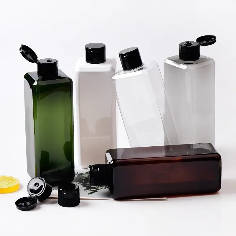 Square PET bottles in green, white, clear, gray and brown with black flip-top caps