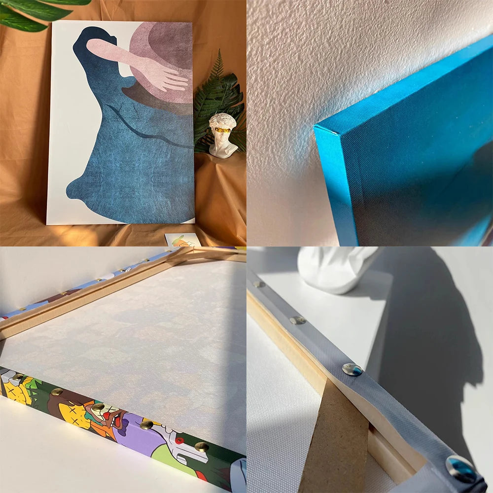 Collage of art prints and frames on a textured surface.