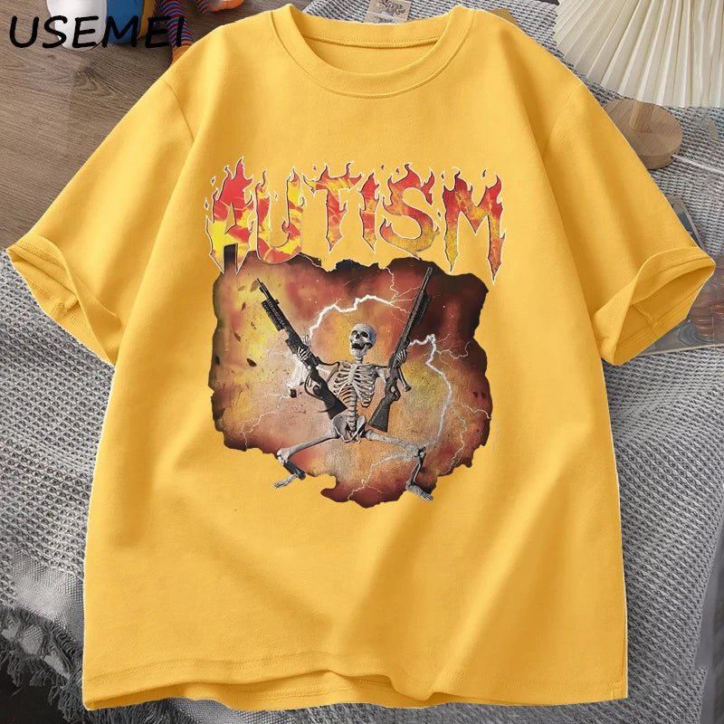 T-Shirt Autism Flame Text Skeleton Graphic Cotton Short Sleeve Unisex Tee