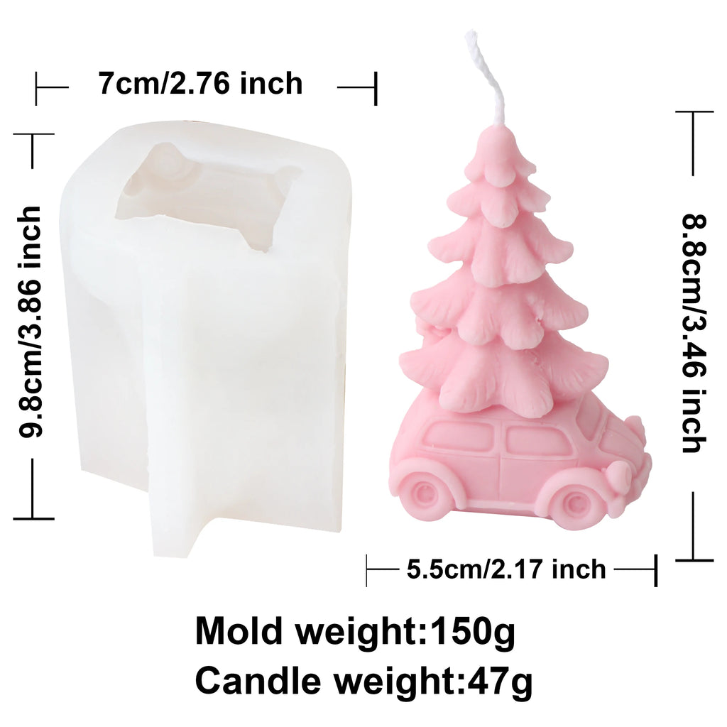 Tree-topped car mold and pink example candle diagram with separate dimensions and weights