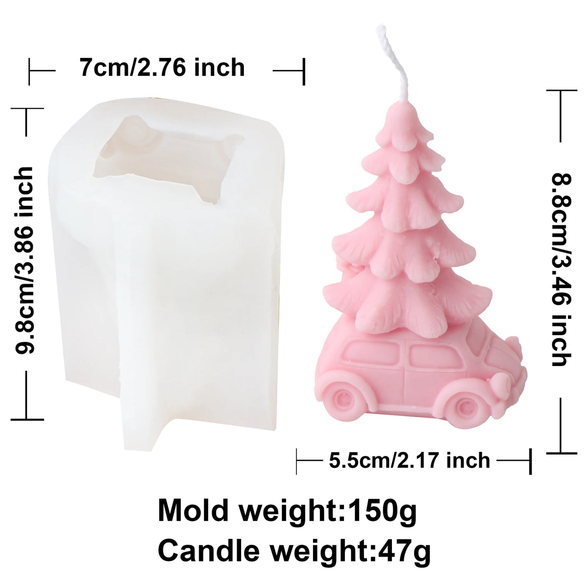 Tree-topped car mold and pink example candle diagram with separate dimensions and weights