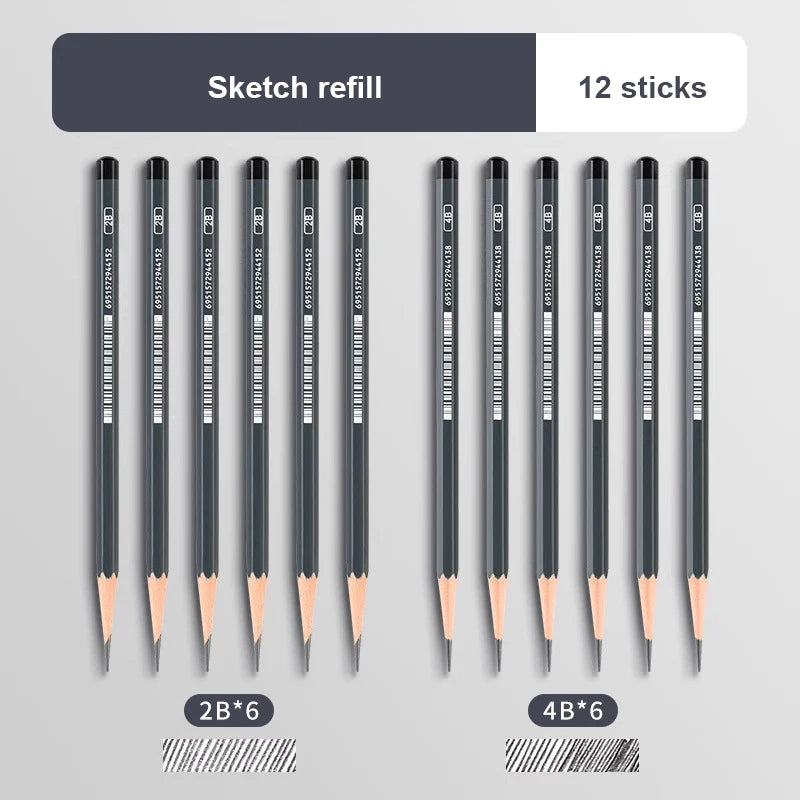 Graphite & Charcoal Sketch Pencil Set — 2H to 14B, 12 or 24 Piece