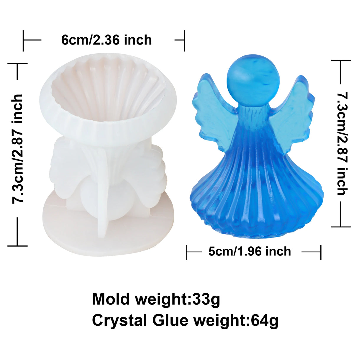 White plastic mold and blue angel-shaped crystal glue holder shown with dimension labels and weights on a white background.