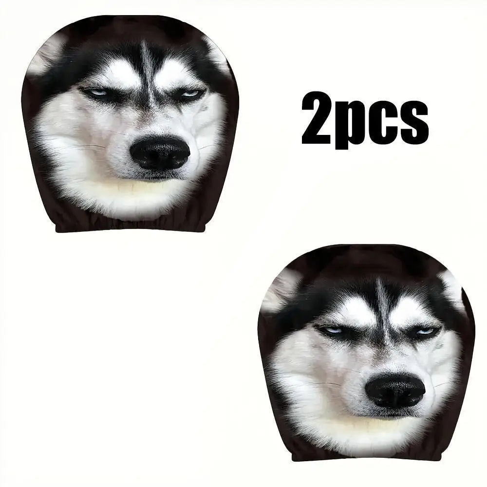 A pet hood or hat with a printed husky face design