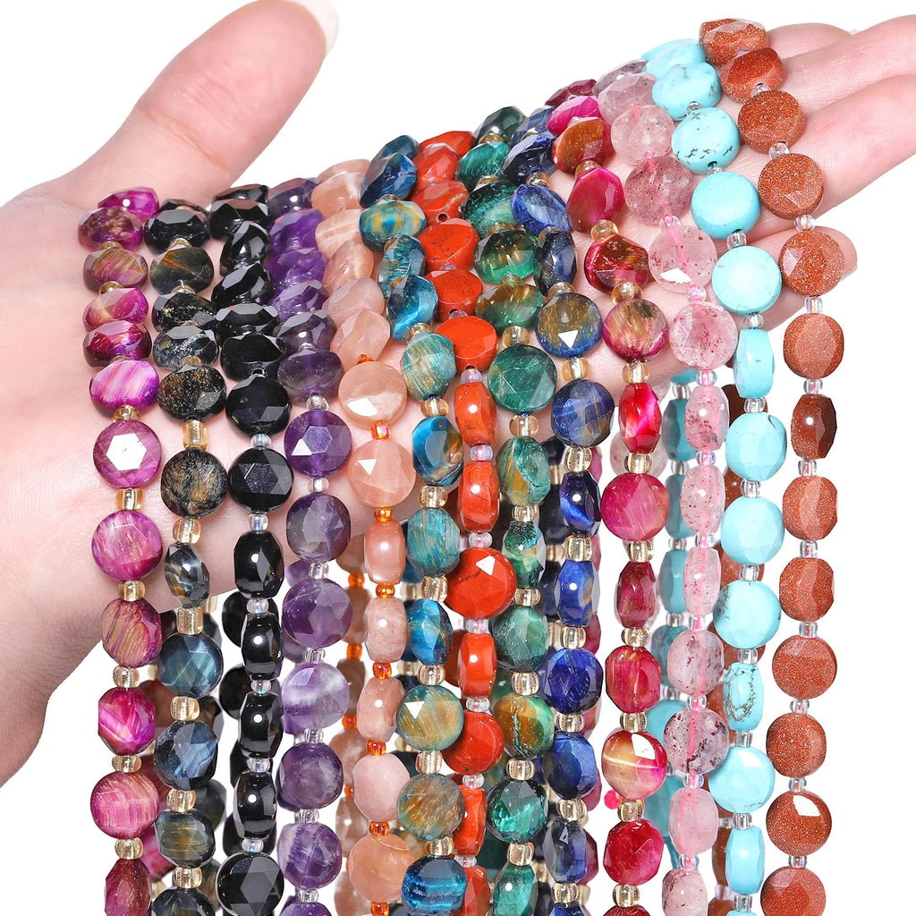 Stone Beads Faceted Coin Tiger Eye Amethyst Styles for DIY Jewelry Making