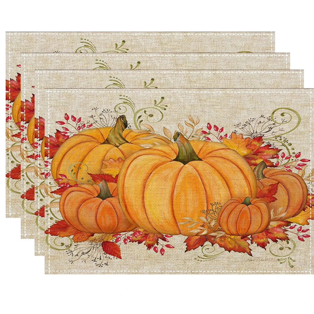 Fall Thanksgiving Linen Placemats, 13 Designs, Sets of 4/6/8, 16.5x12.6 in