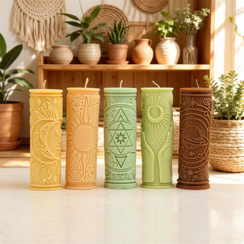 3D Relief Sun Moon Star Pillar Candle Mold Silicone Astrology Witchcraft Candle Making Mould for DIY Soy Wax Candles Home Decor