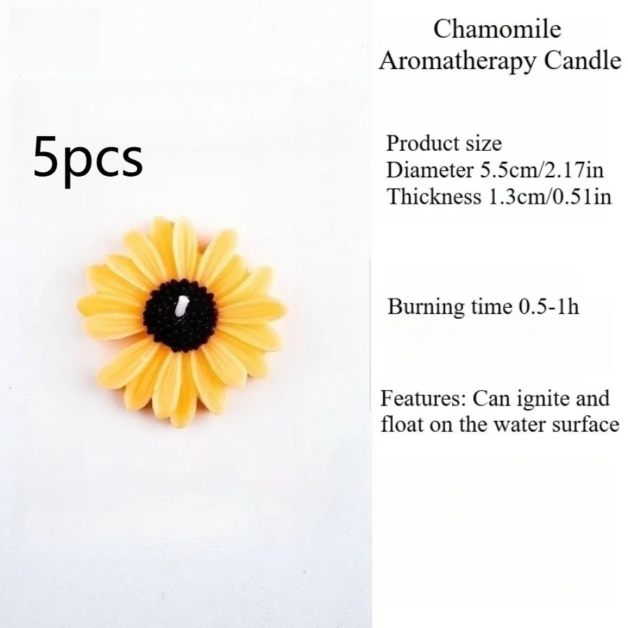 Yellow flower-shaped candle with a dark center in a five-piece option size chart