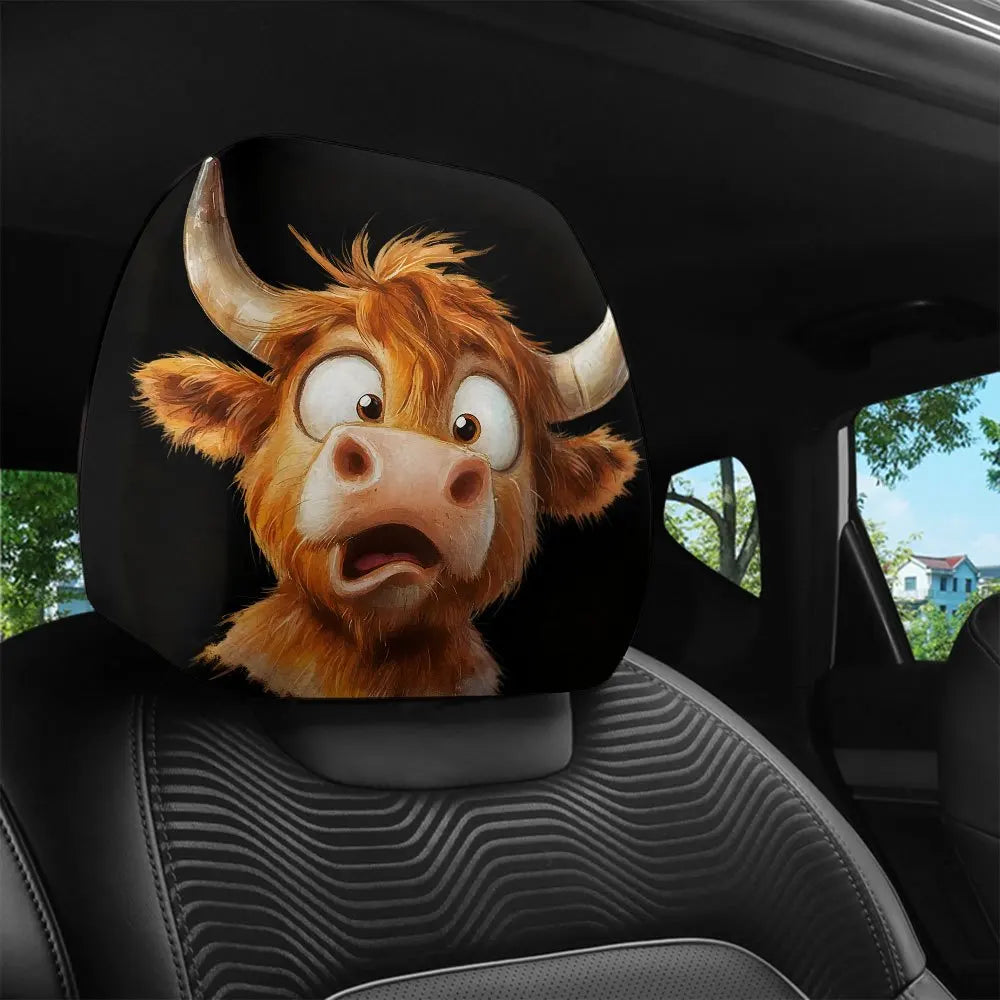 2pcs Funny Cartoon Cow Print Car Headrest Covers | Polyester, Washable, Easy Installation