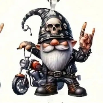 A cartoon-style biker gnome character with a long white beard, black hat with a skull and sunglasses, leather outfit, and a small motorcycle on a plain white background.