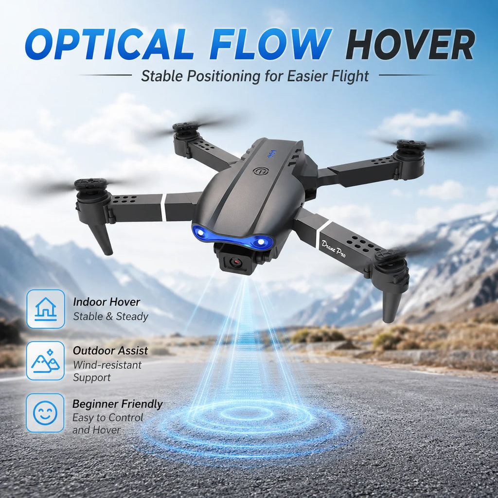 A black quadcopter drone labeled 'FluerPro' hovering over a road with mountains in the background, with blue light effects and text reading 'OPTICAL FLOW HOVER' and feature callouts for indoor hover, outdoor assist, and beginner friendly use.