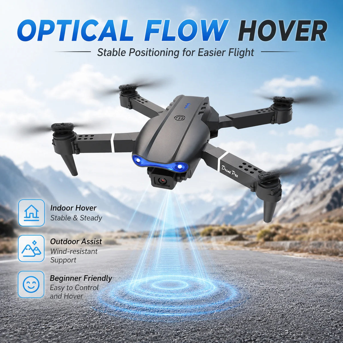 A black quadcopter drone labeled 'FluerPro' hovering over a road with mountains in the background, with blue light effects and text reading 'OPTICAL FLOW HOVER' and feature callouts for indoor hover, outdoor assist, and beginner friendly use.
