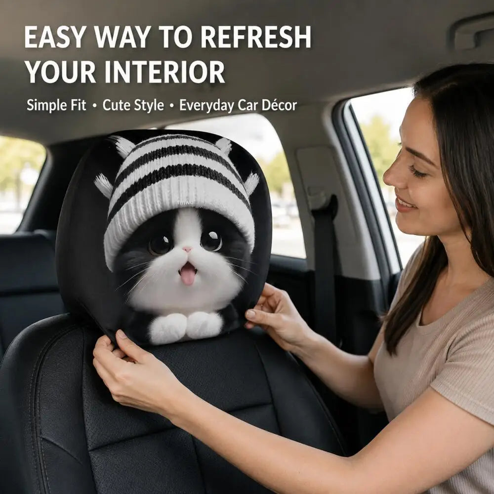 A woman in a car is adjusting a pet car seat cover on the front seat. The cover features a printed design of a black and white cat wearing a black and white striped knit hat.