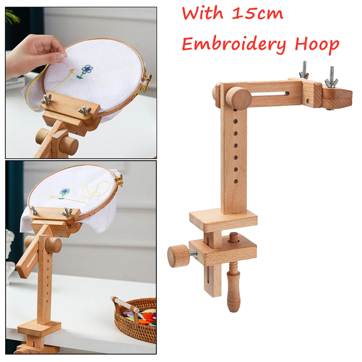 Embroidery Hoop Stand, Rotating Wooden Desktop Rack for Handmade Stitching