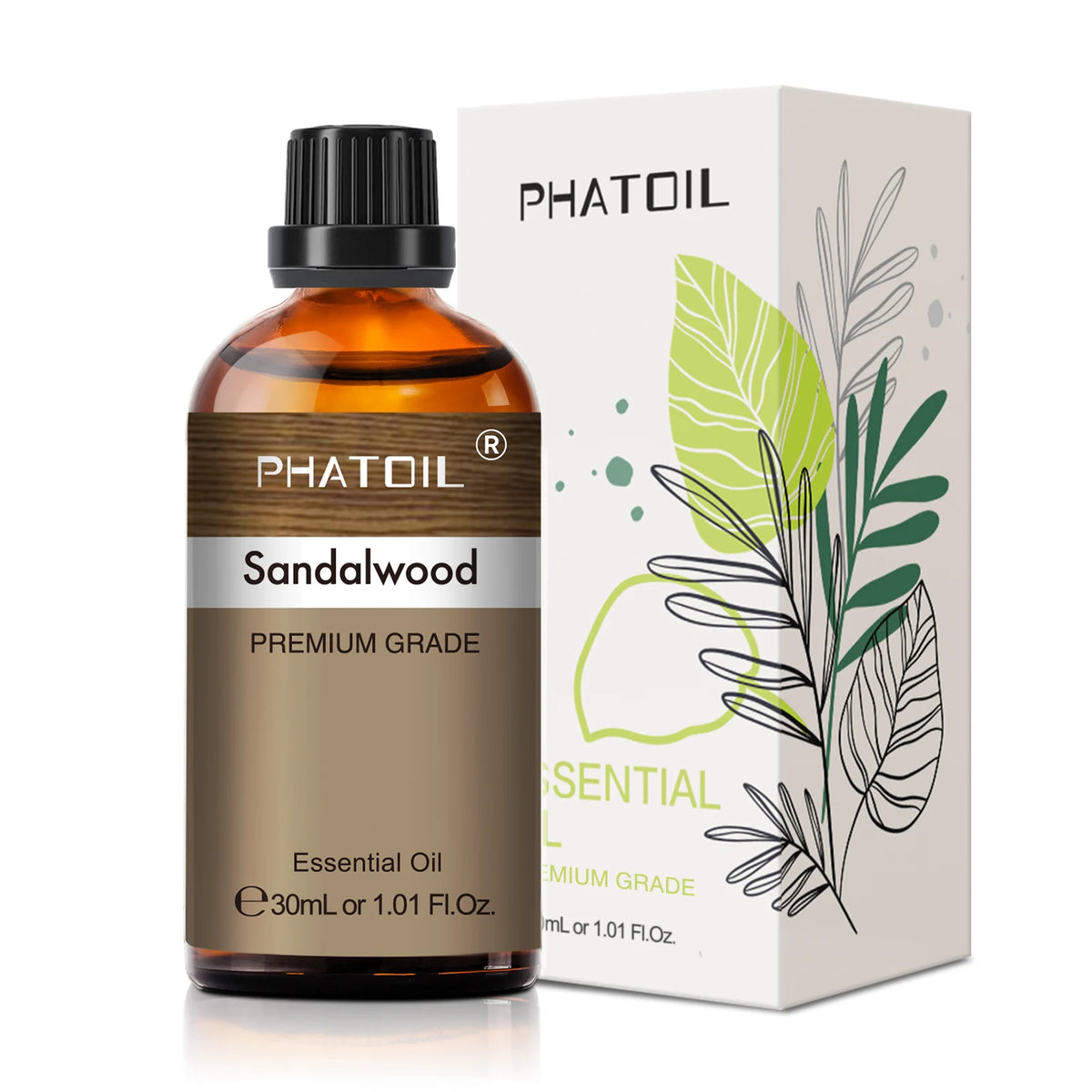 Phatoil Sandalwood essential oil bottle and packaging on a white background