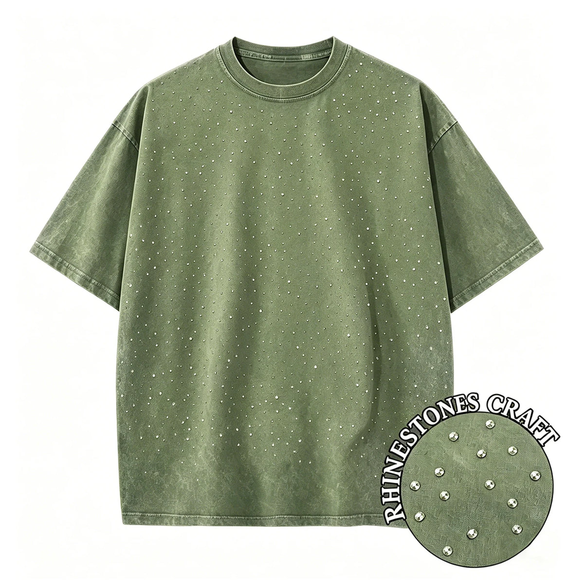 T-Shirt Unisex Rhinestone Acid Wash 100% Cotton Retro Punk Loose Hip Hop Tee