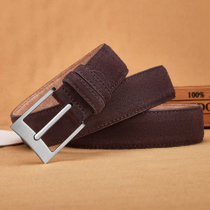 Men's Suede Leather Belt Silver Pin Buckle Vintage Style for Jeans & Chinos