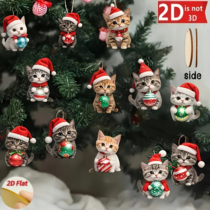 Multiple Christmas tree ornaments shaped like cats wearing red Santa hats are shown hanging on a dark green Christmas tree. The image includes text callouts reading '2D is not 3D', 'side', and '2D Flat', indicating a product feature comparison.