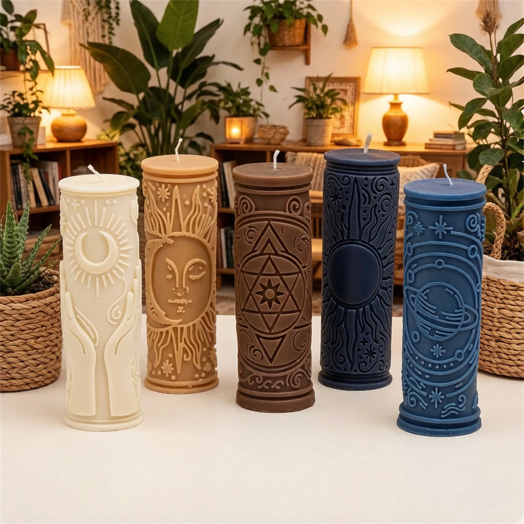 3D Relief Sun Moon Star Pillar Candle Mold Silicone Astrology Witchcraft Candle Making Mould for DIY Soy Wax Candles Home Decor