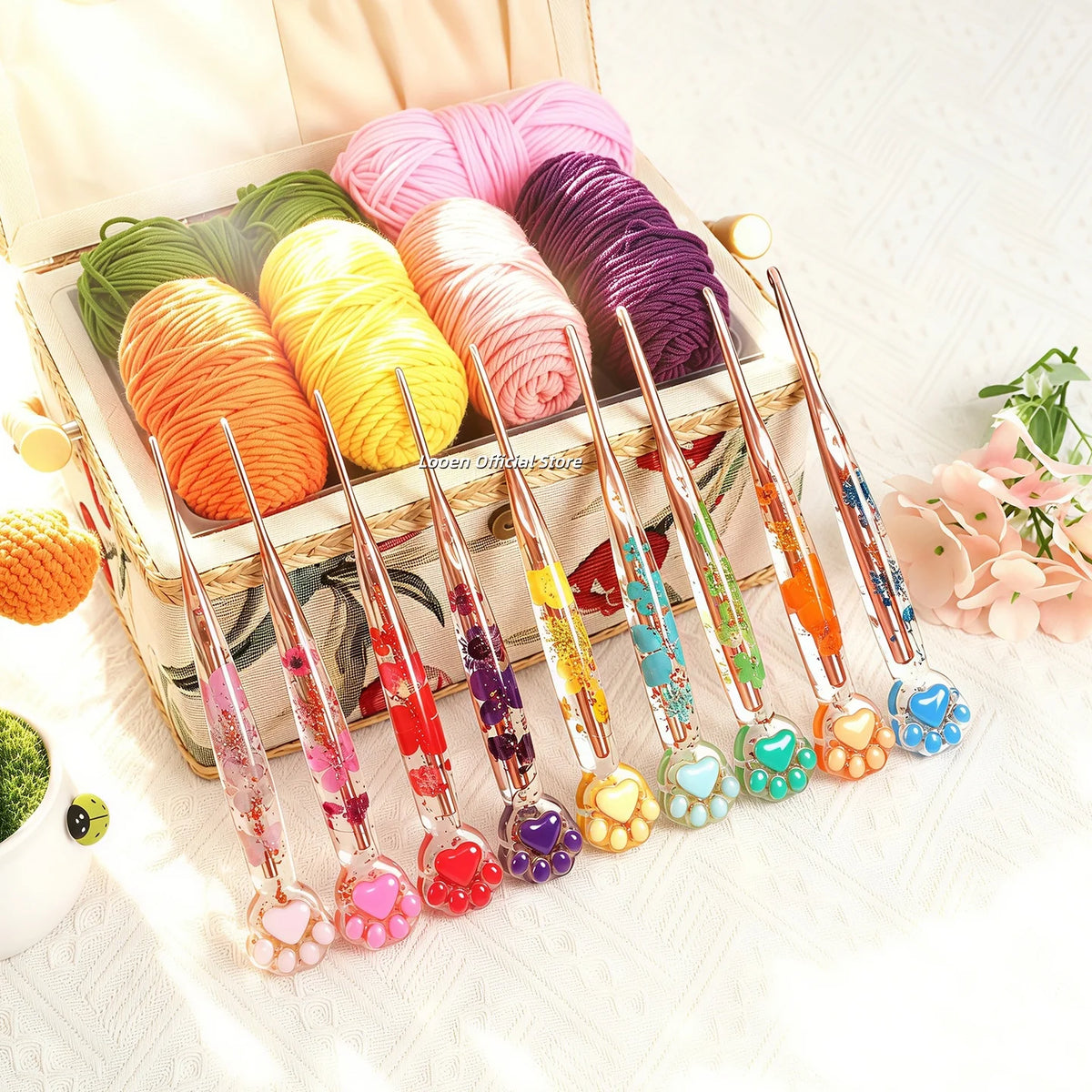 Crochet Hooks, Rose Gold Cat Paw & Floral Handles for Handmade Yarn Crafts