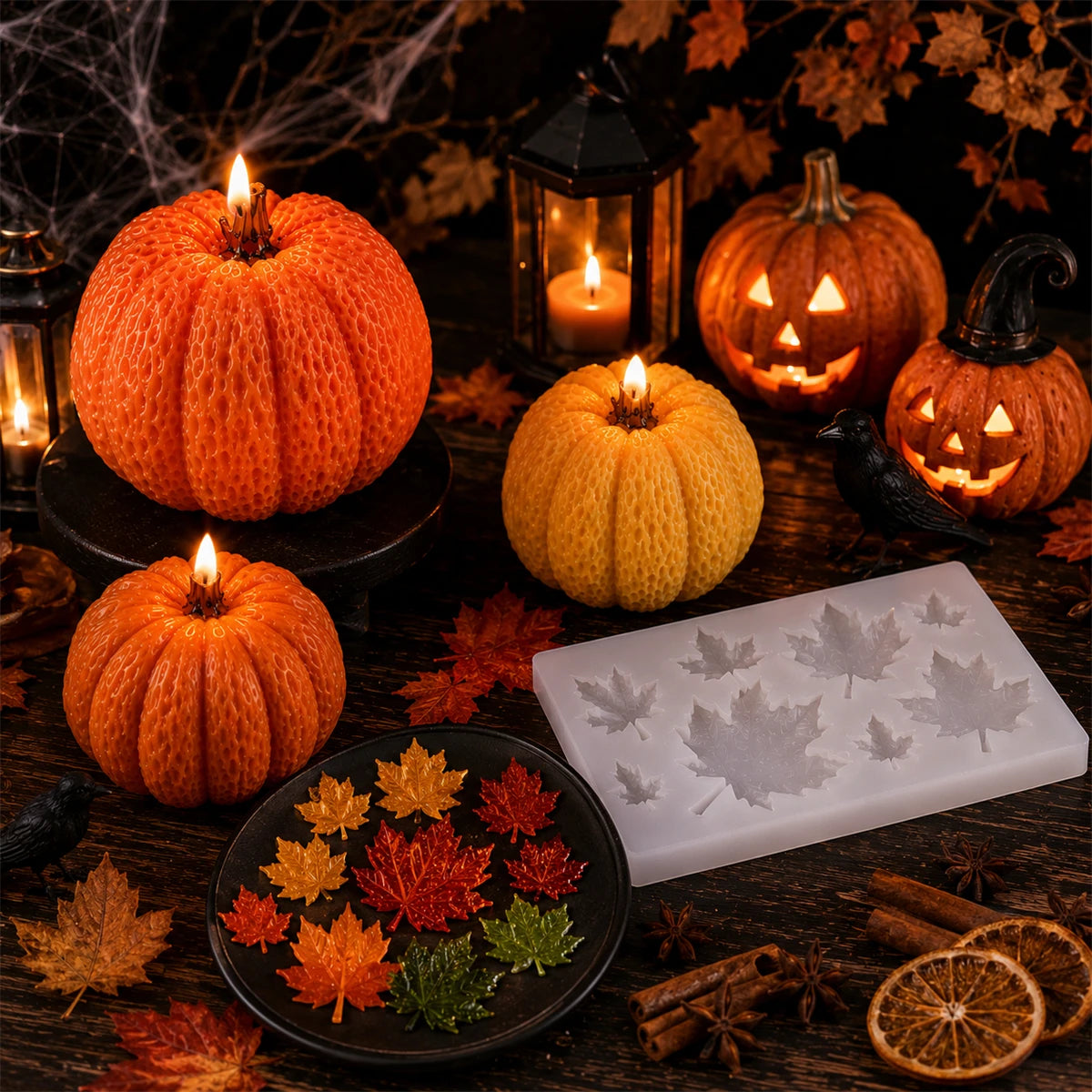 Halloween Pumpkin Silicone Candle Mold 3D Pumpkin Candle Making Mold Maple Leaf Resin Casting Mold DIY Fall Decor Craft