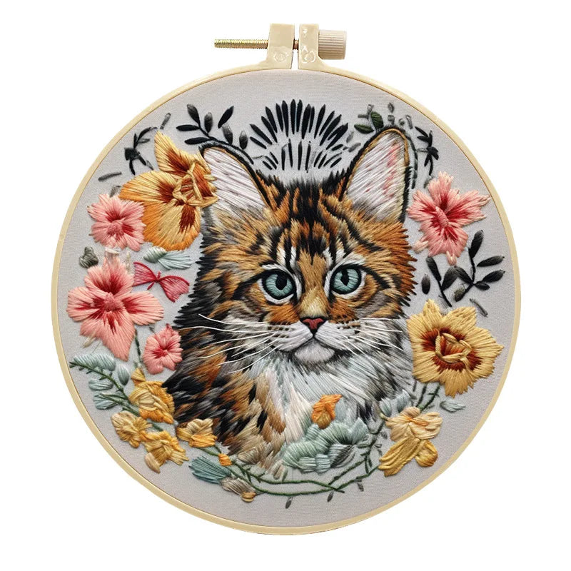 Embroidery Kit, Cats & Flowers for Handmade Needlework & Home Decor Gifts