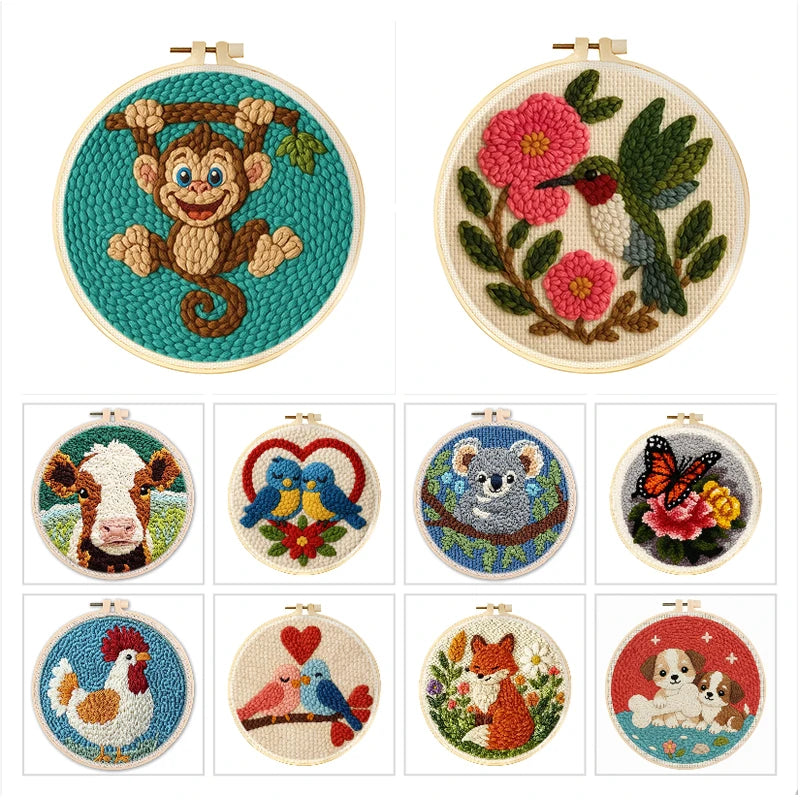 Punch Needle Kit, Animal Patterns with Frame for Handmade Embroidery Art