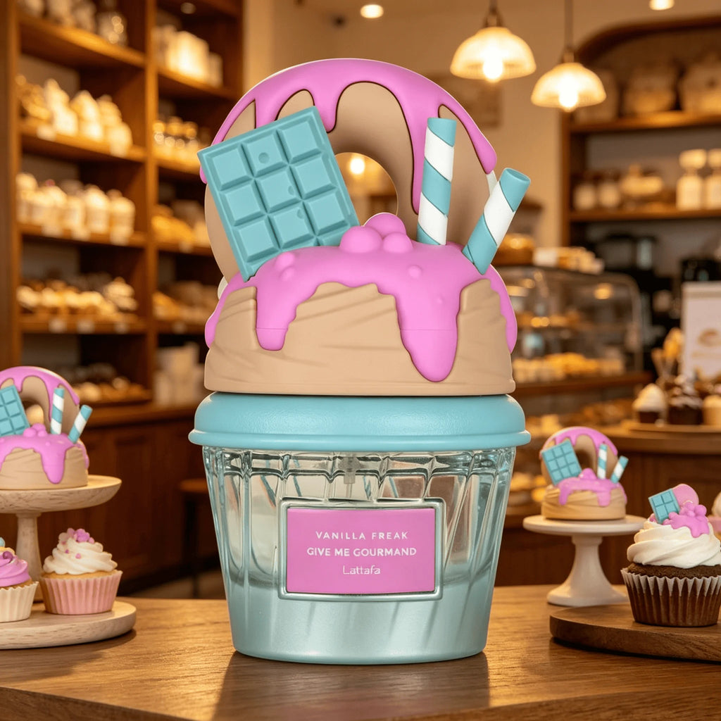 A novelty cupcake-shaped Lattafa Perfume set displayed on a bakery counter. The design features a light blue wrapper resembling a cupcake liner, a beige frosting swirl, bright pink icing dripping over the top, a chocolate bar, and two striped candy canes.