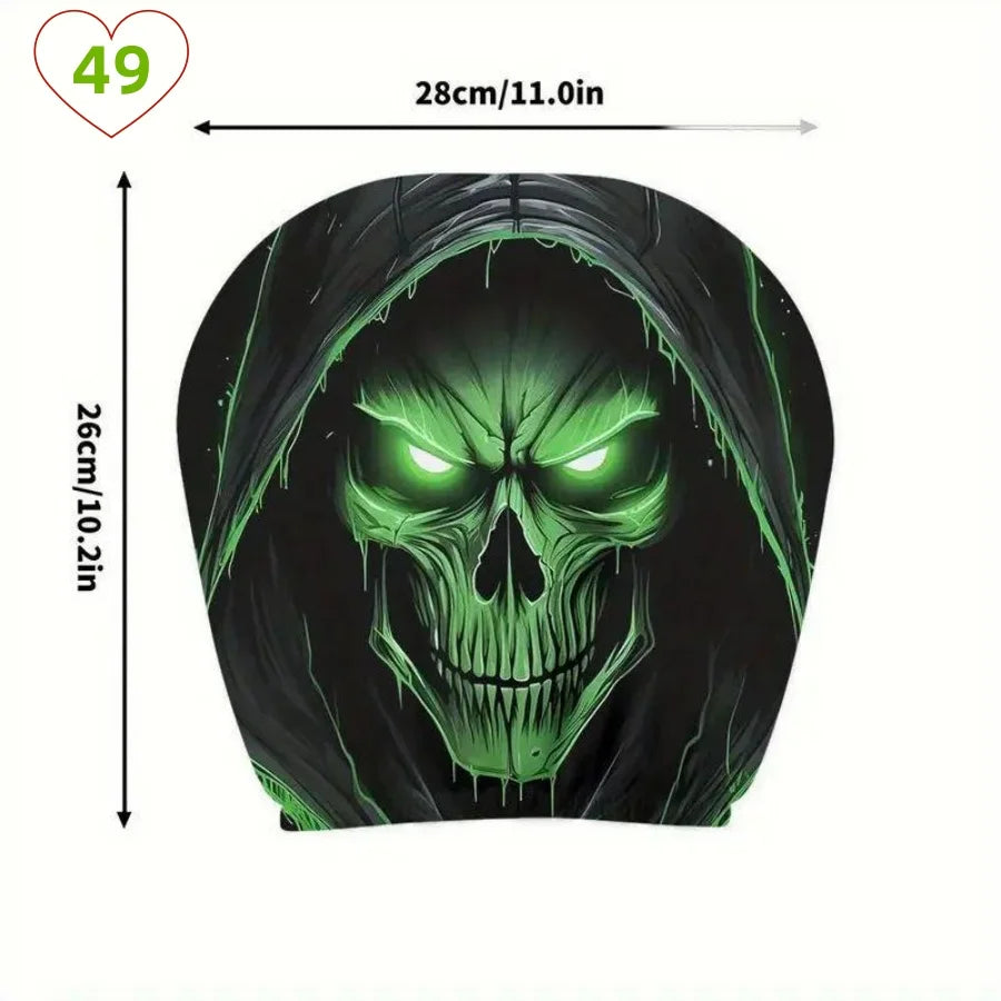 A headrest cover featuring a large green skull face graphic on a black background, shown with dimension arrows and text indicating 28cm width and 26cm height on a white background.