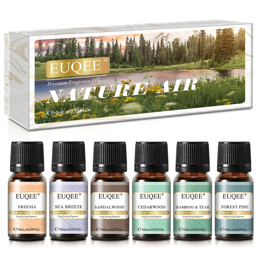 EUQEE 6PCS Fragrance Oils Gift Set For Candle Making 10ml Sea Breeze Forest Pine Bamboo & Teak Cedarwood Sandalwood Freesia