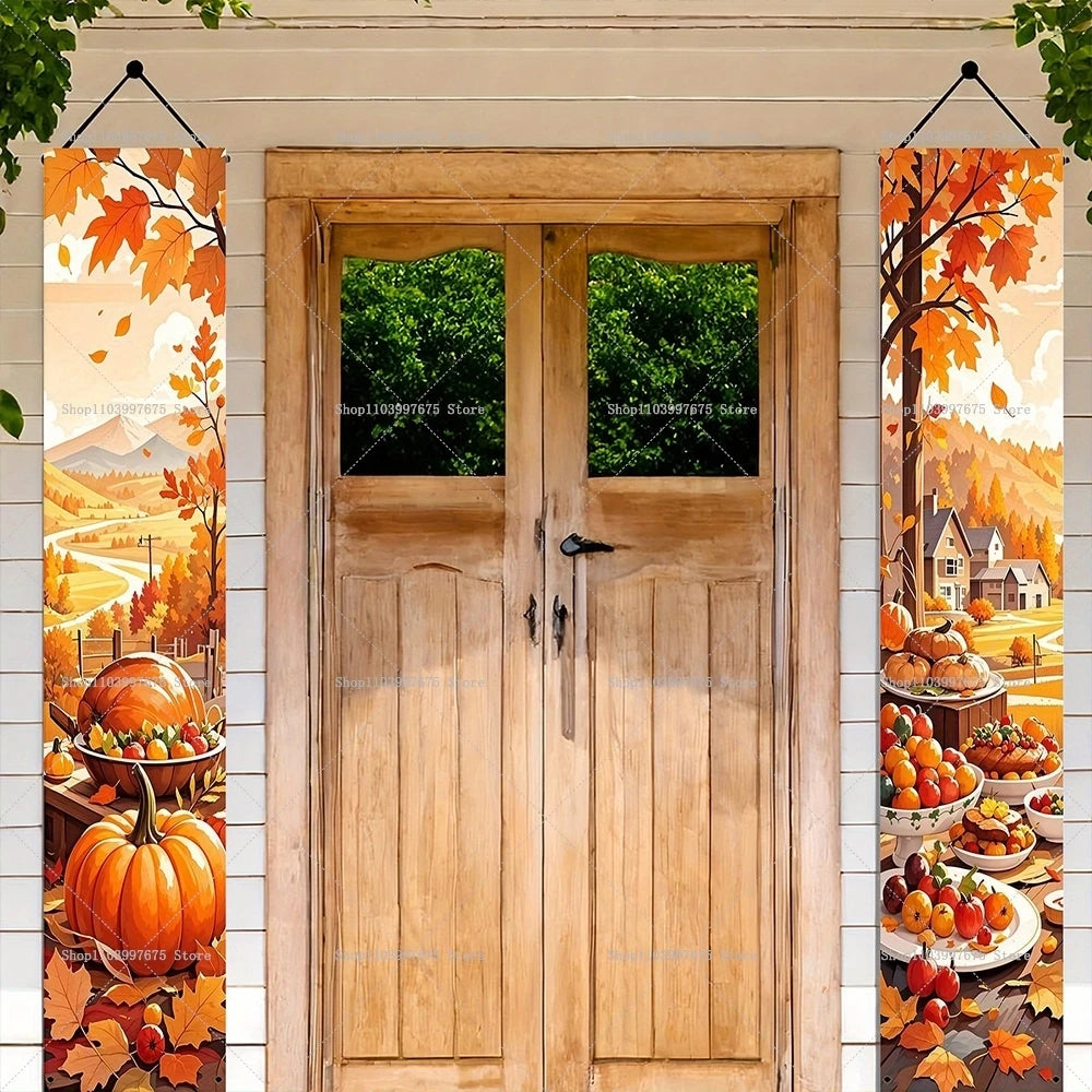 Autumn Pumpkins Maple Leaf Banners Thanksgiving Decorations Couplets Porch Welcome Sign Indoor Outdoor Wall Hanging Banners