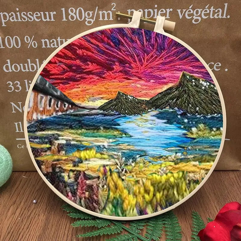 Embroidery Kit, Mountain Scenery with Hoop for Beginner Handmade Wall Art