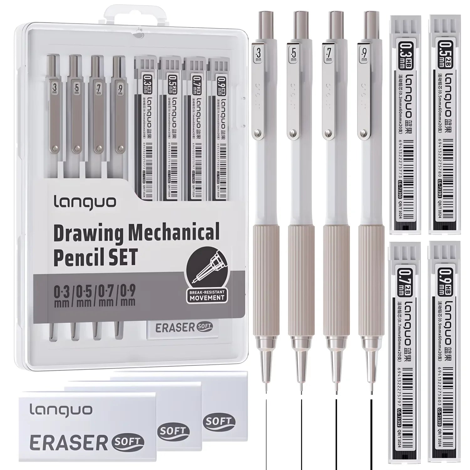 Metal Mechanical Pencil Set, HB — 4 Sizes with 80pc Lead Refills & Case