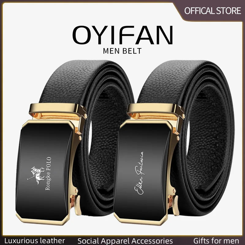 Men's Ratchet Leather Belt Alloy Automatic Buckle for Jeans, Dress & Business