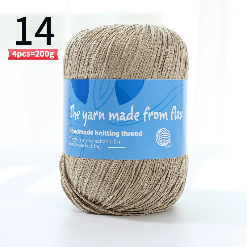 Beige linen lace yarn skein, color code 14, with a blue flax label.