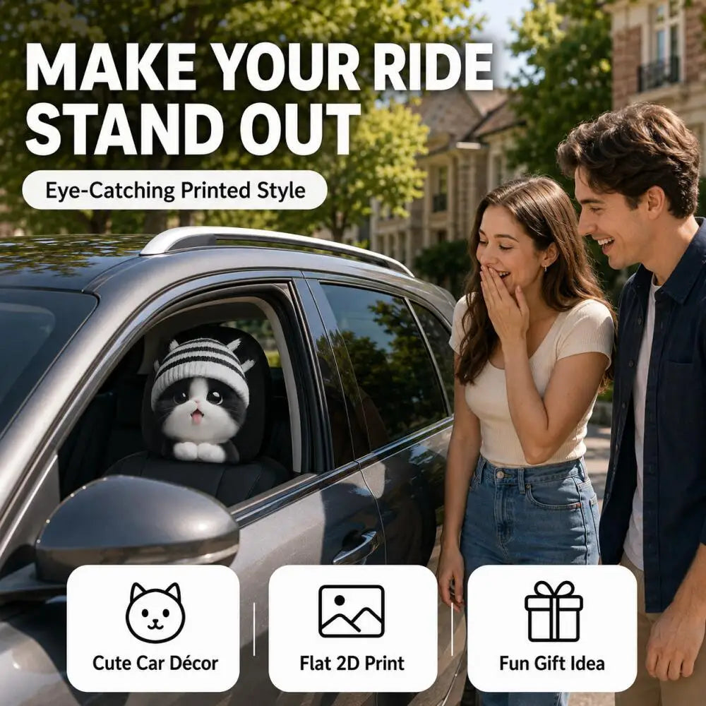 A man and woman stand beside a gray car on a sunny street, looking at a plush cat head car seat cover installed inside the front seat. Large text at the top reads 'MAKE YOUR RIDE STAND OUT' with 'Eye-Catching Printed Style,' and three feature icons at the bottom say 'Cute Car Décor,' 'Flat 2D Print,' and 'Fun Gift Idea.