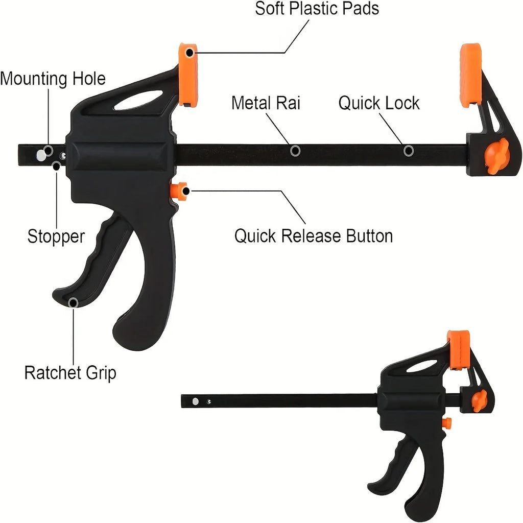 Black clamp with labeled parts on a white background