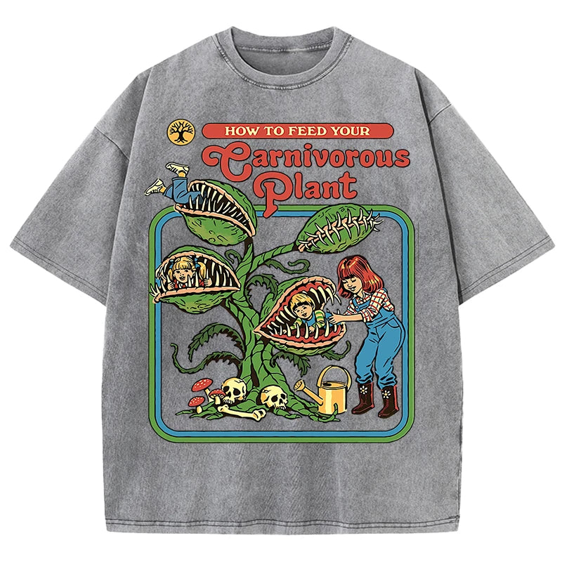 T-Shirt Unisex Carnivorous Plant Print Washed Cotton Crewneck Short Sleeve