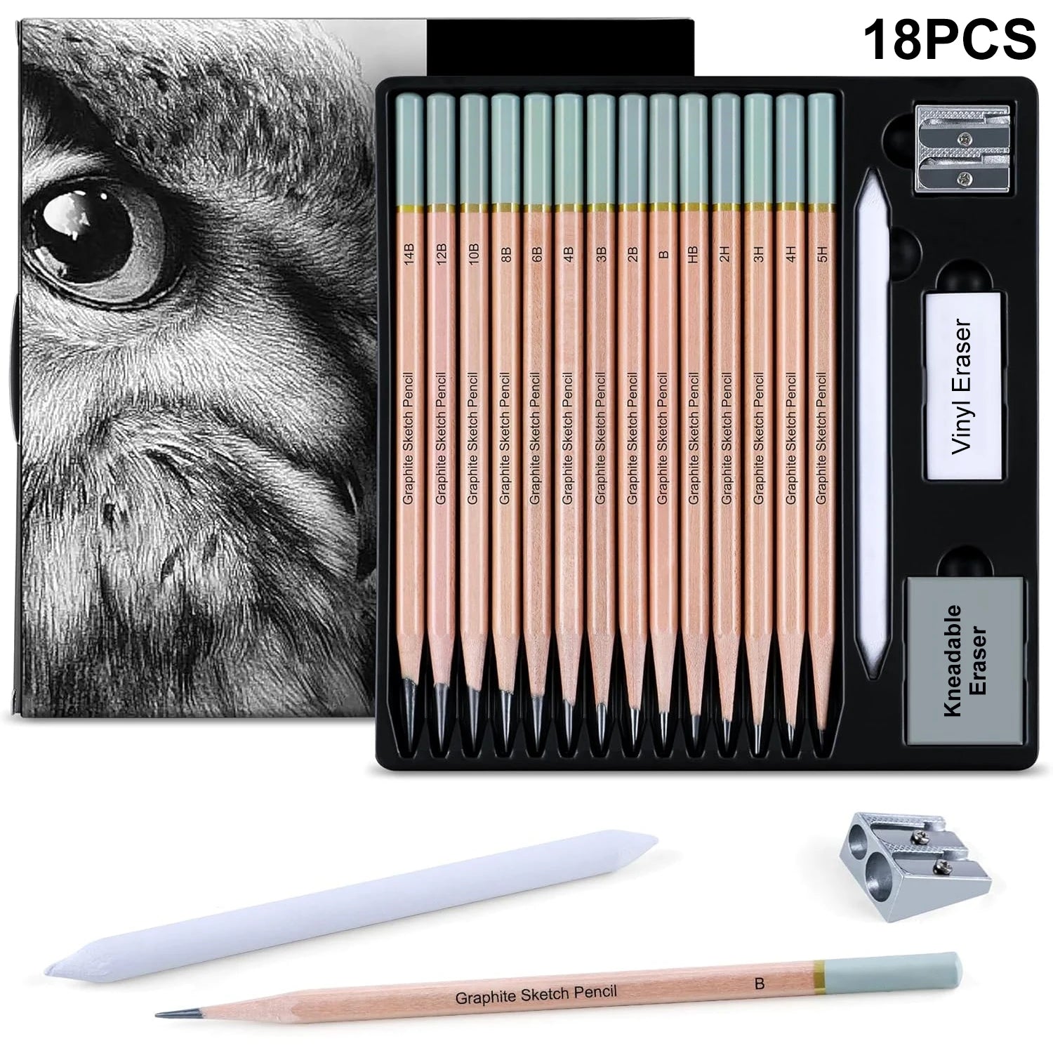 18-Piece Professional Sketch Pencil Set — 5H to 14B, Eraser, Sharpener & Blending Stump