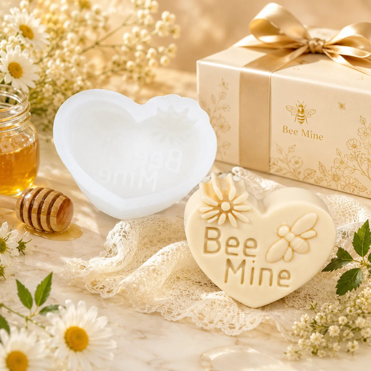 Heart-shaped Bee Mine casting with flower and bee details beside a white silicone mold