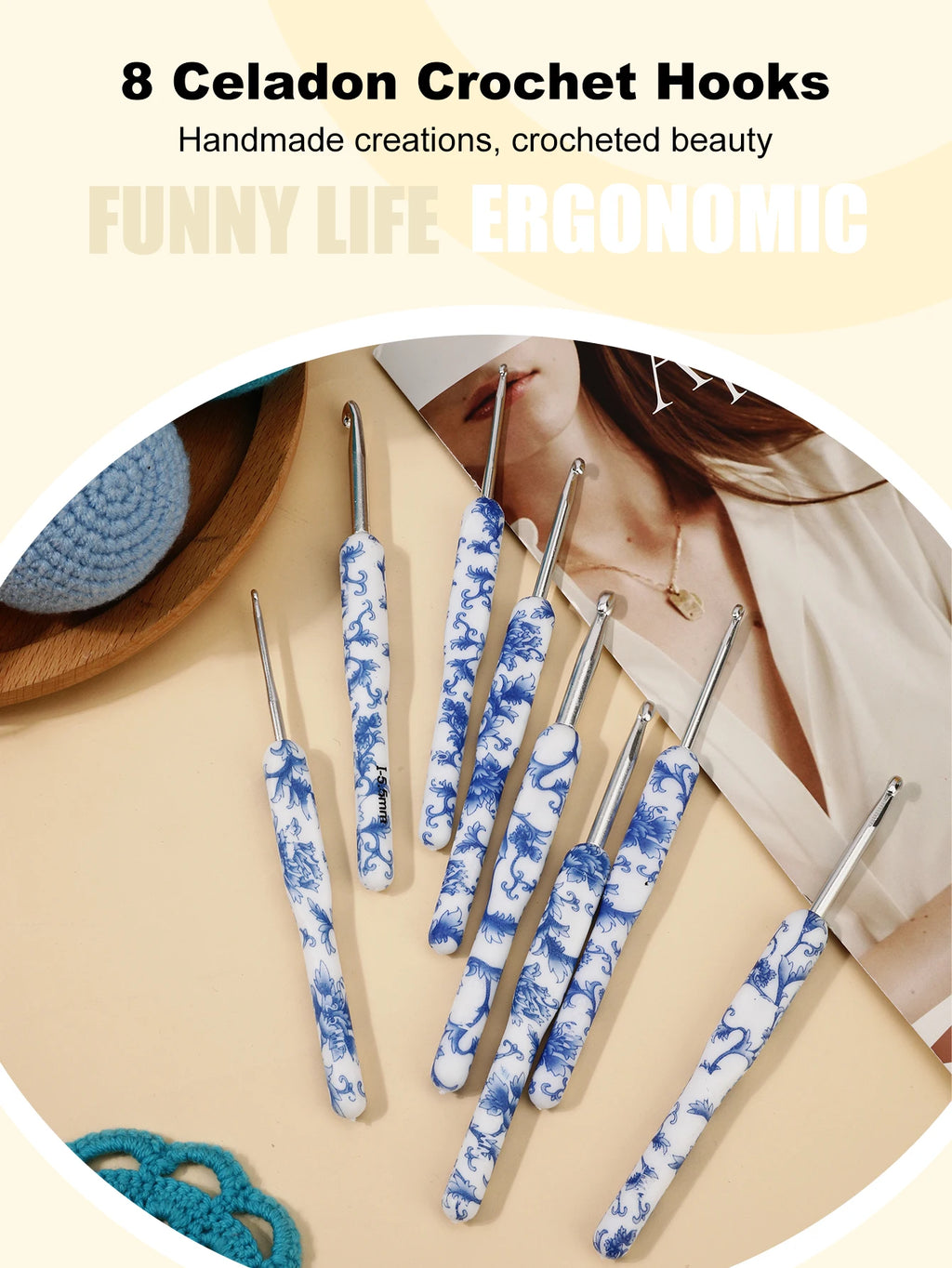 Crochet Hooks, Blue & White Porcelain-Style Set for Handmade Yarn Crafts