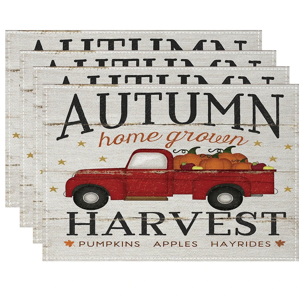 Fall Thanksgiving Linen Placemats, 13 Designs, Sets of 4/6/8, 16.5x12.6 in