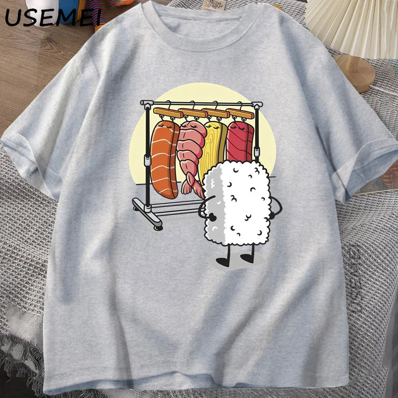 T-Shirt Sushi Wardrobe Funny Rice Ball Graphic Cotton Short Sleeve Unisex Tee